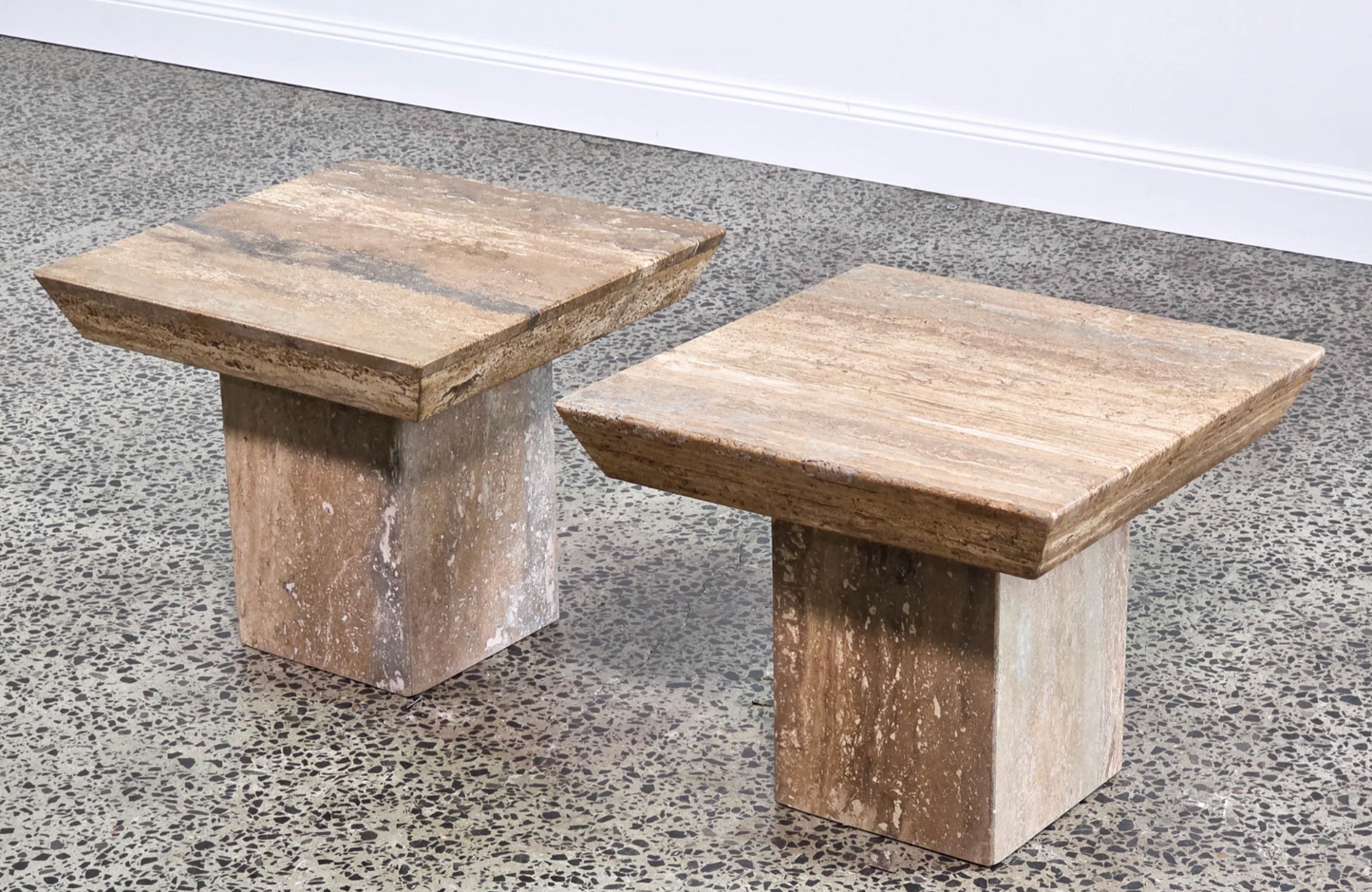 Pair of Italian Travertine Pedestal Side Tables: Mid-Century