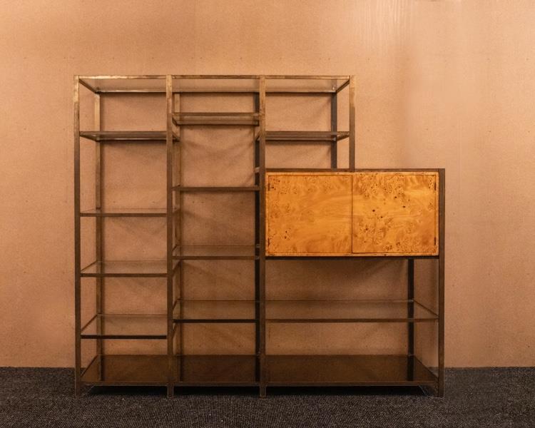 Willy Rizzo mid-century wall unit in brass and burl wood
