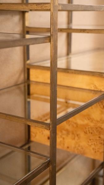 Willy Rizzo mid-century wall unit in brass and burl wood