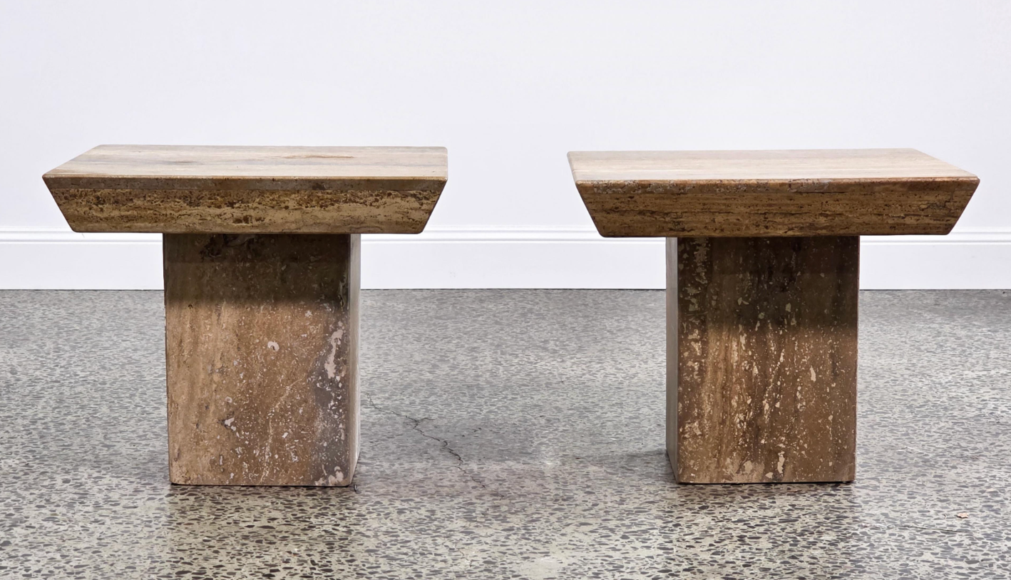 Pair of Italian Travertine Pedestal Side Tables: Mid-Century