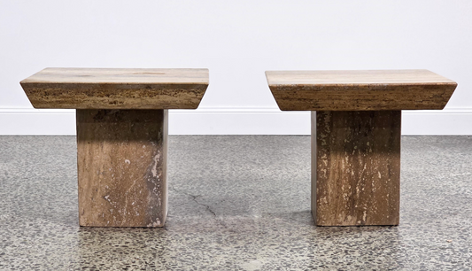 Pair of Italian Travertine Pedestal Side Tables: Mid-Century